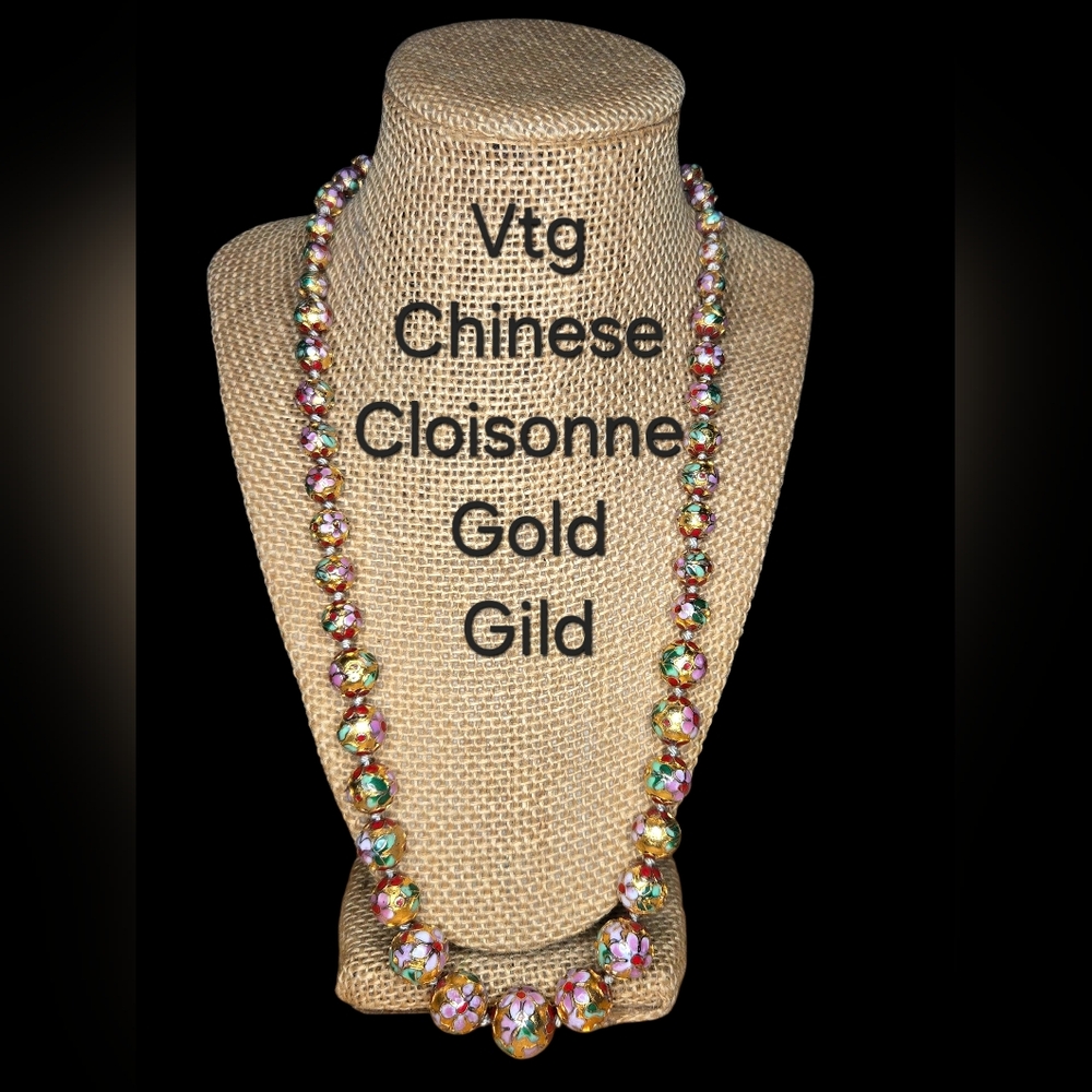 Vtg Chinese Cloisonné Enamel Gold Gild Necklace